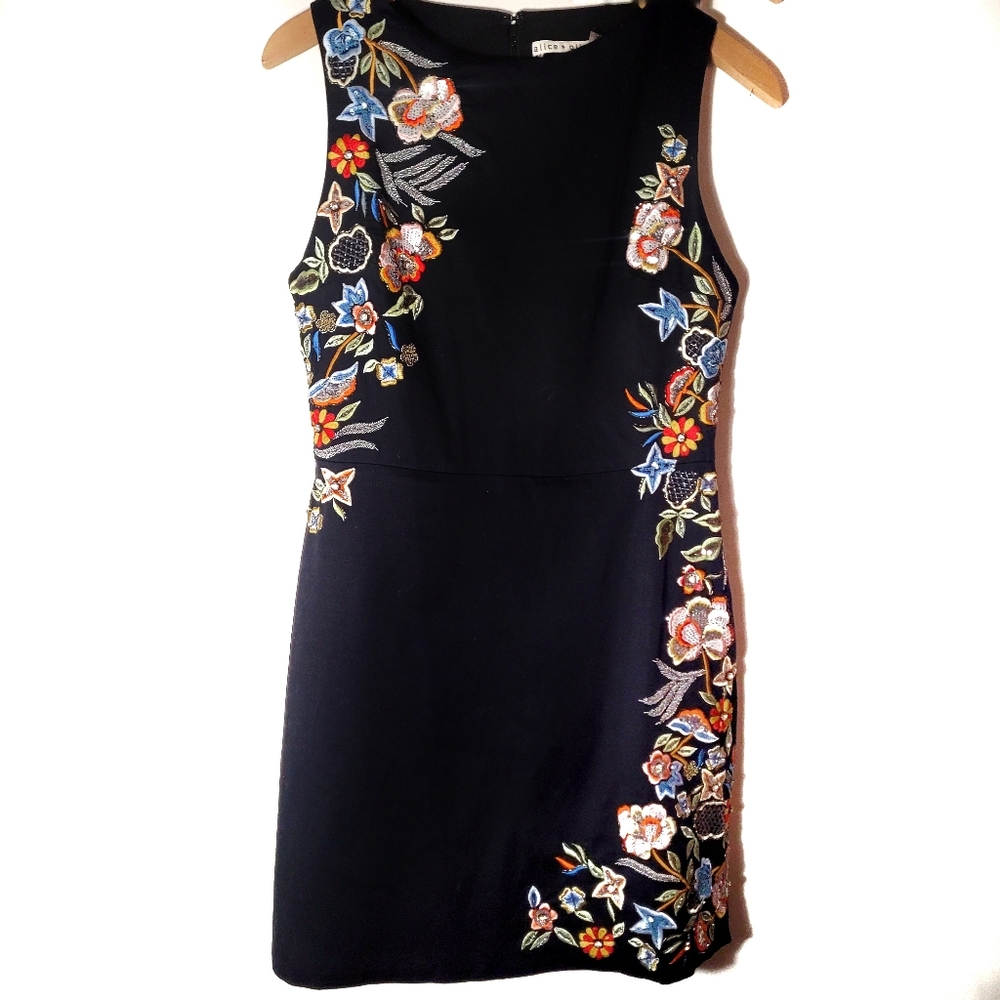 Alice + Olivia Malin Sleeveless Embroidered Satin Mini Dress Black 6